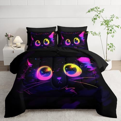 Nttopship Cute Cat Kids Comforter Set Full Size 7pcs Black in Dark 3D Digital Animals Printed Pattern Comforter Set for Kids Boys Girls Adults Animal Print Room Decor