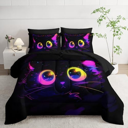Nttopship Cute Cat Kids Comforter Set Full Size 7pcs Black in Dark 3D Digital Animals Printed Pattern Comforter Set for Kids Boys Girls Adults Animal Print Room Decor