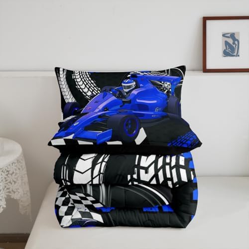 Go Kart Toddler Race Car Bed for Boys,Black and White Buffalo Checked Drift Kart Queen Comforter Set Toddler Bedding Set,Square Grid Plaid Lattice Quilt,Blue Karting Extreme Sport Duvet Insert