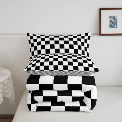 Manfei Black and White Plaid Comforter Set King Size, Reversible Geometric Square Grid Bedding Set 3pcs, Kids Boys Teens Room Decor, Soft Lattice Checkerd Down Comforter for All Season, 2 Pillowcases
