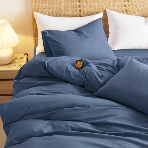 Wake In Cloud - Cotton Duvet Cover Set, 100% Washed Cotton, Linen Like Textured, Breathable Durable Comfy Farmhouse Neutral Bedding Set, 3 Pieces, Dark Blue, Full Size