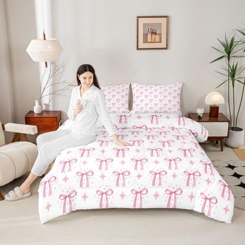 jejeloiu Bowknot Comforter Set King Size Pink Bow Bedding Set for Kids Boys Girls Princess Decor Duvet Quilt Bow Tie Bedroom Decor Microfiber 3 Pcs with 2 Pillow Cases