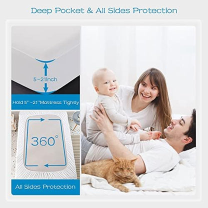 GRT 1 Pack 100% Waterproof Mattress Protector Queen Size, Breathable & Noiseless Waterproof Mattress Cover Fitted Deep Pocket from 5" to 21", Smooth Washable Queen Bed Protector - Vinyl Free