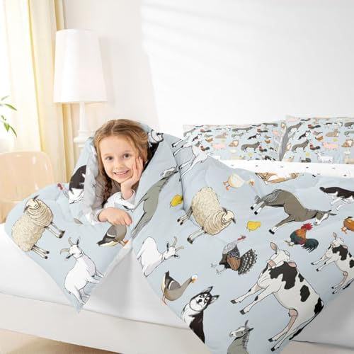 Feelyou Light Blue Farm Animal Comforter Set Toddler Size Cute Animal Bedding Set for Kids Boys Girls Farm Theme Duvet Quilt Cartoon Bedroom Decor 2 Pcs with 1 Pillow Cases