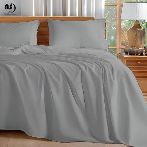 NON Sticky cotton King 4 Piece Sheet Set, 100% Long Staple Cotton, Soft Cooling Hotel Luxury Bedding Sheets, Deep Pocket Fits 10" to 18" Mattress, 78" x 80", Light Grey Solid