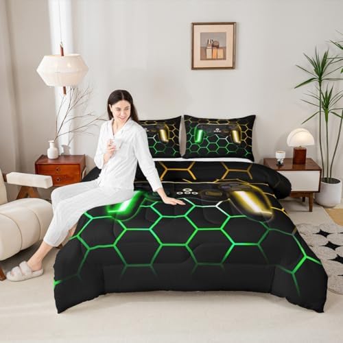 Erosebridal Gaming Bedding Sets for Boys Twin Gamer Comforter Sets with Glitter Honeycomb Printed,Neon Light Game Console Quilted Duvet,Geometric Honeycomb Diamond Down Alternative Comforter 2pcs