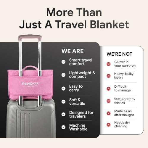 2-in-1 Travel Blanket and Pillow – Lightweight, Compact, Ultra Soft, Machine Washable – Handle, Luggage Sleeve, Backpack Clip – for Trave Airplane, Car, Office (light pink)