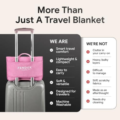 2-in-1 Travel Blanket and Pillow – Lightweight, Compact, Ultra Soft, Machine Washable – Handle, Luggage Sleeve, Backpack Clip – for Trave Airplane, Car, Office (light pink)