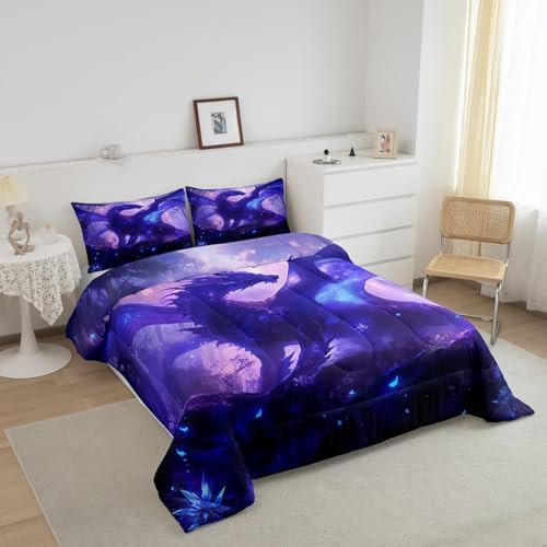 Feelyou Dragon Comforter Set Full Size Jungle Dragon Comforter for Boys Girls Teens Western Dragon Bedding Set Wild Animal Duvet Set Room Decor Purple Quilt Set