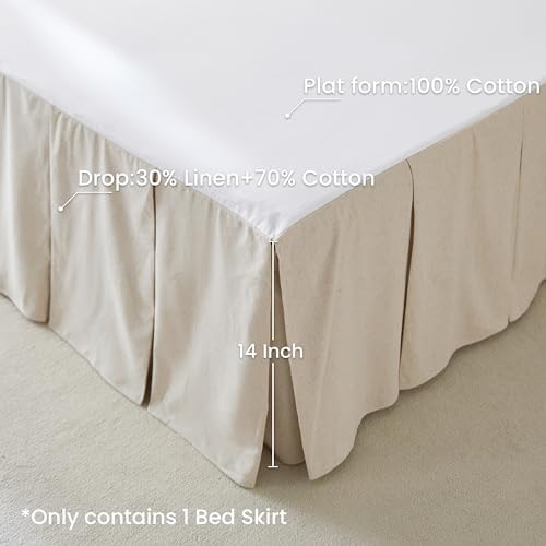 BISELINA French Linen Pleated Bed Skirt, 14" Tailored Draped Natural Linen-Cotton Blend Basic Dust Border Soft Comfort Farmhouse Bedding (14" King, Linen)