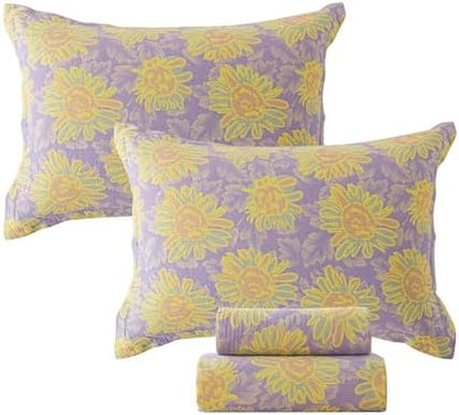 FADFAY Sunflower Sheets Set King Vintage Yellow Purple Floral Bedding Shabby Farmhouse Bedding Super Soft Washed Double -Layer Muslin Sheets 100% Cotton Deep Pocket Fitted Sheet 4Pcs, King Size