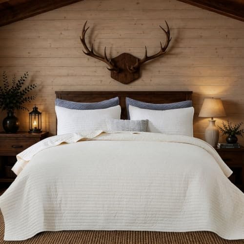 DOWN HOME Queen Quilt Bedding Set with Shams, Vintage Washed Soft Quilted Blanket Thin Comforter Lightweight Bedspread Coverlet Bed Cover, Brushed Microfiber Stripe Stitching, Linen White, 86"x90"