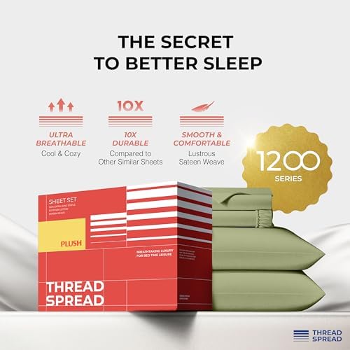 THREAD SPREAD 100% Egyptian Cotton Sheets California King Size - 1200 Series Plush Collection Cal King Size Sheets Set, 4 PC Luxury Bedsheet (Sage Green), Soft, Cooling, 17" Deep Pocket Bedsheet Set
