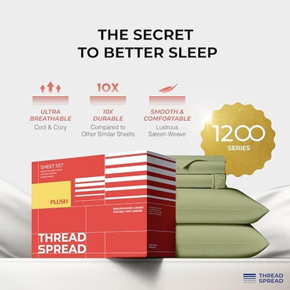 THREAD SPREAD 100% Egyptian Cotton Sheets California King Size - 1200 Series Plush Collection Cal King Size Sheets Set, 4 PC Luxury Bedsheet (Sage Green), Soft, Cooling, 17" Deep Pocket Bedsheet Set