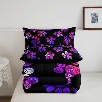Manfei Dog Lover Comforter Set King Size, Watercolor Dog Paw Print Duvet Insert Animal Theme Bedding Set 3pcs for Kids Boys Girls Room Decor Luxury Polyester Black Quilted Duvet with 2 Pillowcases