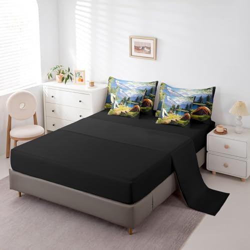 Erosebridal Happy Camping Bed in A Bag with Sheets Queen Camper Accessories 7 Piece Comforter Set Watercolor Cartoon Tents Bedding Set,Campe Woodland Adventure Bedding Comforter Sets