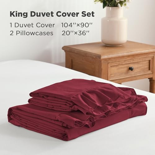 Andency Burgundy Ruffle Duvet Cover King, Shabby Chic Farmhouse Bedding Set