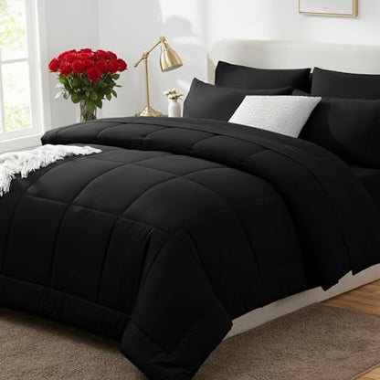 CozyLux Super King Comforter Set Black - 7 Pieces Bed in a Bag