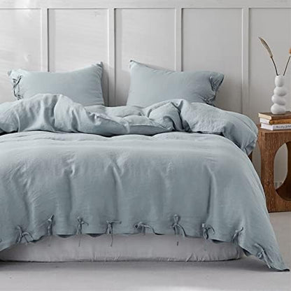 Simple&Opulence 100% Linen Duvet Cover Set 3pcs with Bowknot Ties Closure Natural French Washed Flax Solid Color Soft Breathable Farmhouse Bedding - Dusty Blue, Queen Size
