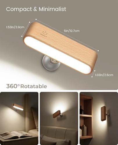 Wood Wall Sconce, Rechargeable Reading Light Magnetic Bedside Lamp