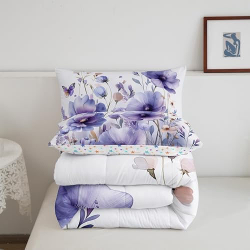 jejeloiu Purple Floral Flower Comforter Set Full Size Kids Wildflower Bedding Set for Boys Girls Teens Botanical Duvet Breathable Blossom Plant Quilt Bedroom Decor,1 Comforter with 2 Pillowcase