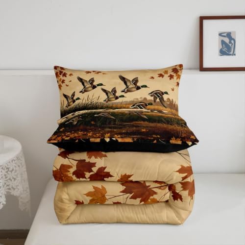 Feelyou Mallard Duck Bedding Set Soft for Boys Girls, Wild Duck Hunting Comforter Set Queen Size Cabin Farmhouse Duvet Quilt Microfiber Maple Leaf Bedroom Decor 3 Pcs with 2 Pillow Cases