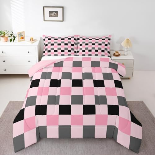 Checkered Geometric Comforter Set All Season Pink Grey Black Plaid Bedding Set with 2 Pillow Cases Checkerboard Modern Aesthetic Kids Queen Bedclothes Reversible Pink Bedroom Decor Duvet Quilt