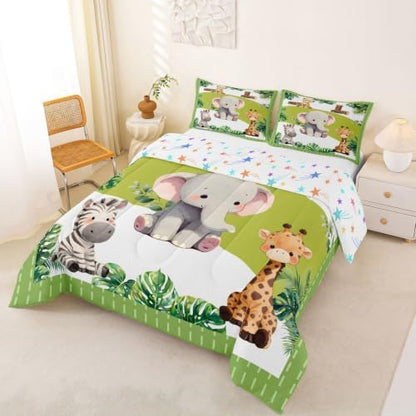 Feelyou Cartoon Animals Comforter Set Full Size Cute Elephant Zebra Leopard Giraffe Bedding Set for Kids Boys Girls Palm Leaves Duvet Quilt Bedroom Decor Microfiber 3 Pcs with 2 Pillow Cases