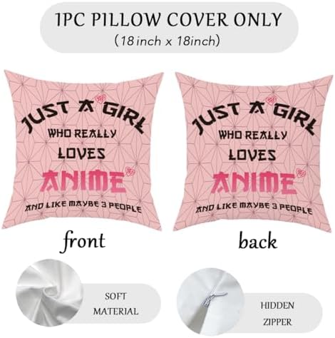 Anime Decor, Just a Girl Who Loves Anime Anime Room Decorative Throw Pillow Covers, Girls Anime Gifts Anime Lovers for Home Living Room Girl Women Bedroom Decoration Gifts Pink