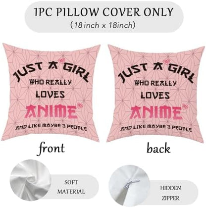 Anime Decor, Just a Girl Who Loves Anime Anime Room Decorative Throw Pillow Covers, Girls Anime Gifts Anime Lovers for Home Living Room Girl Women Bedroom Decoration Gifts Pink