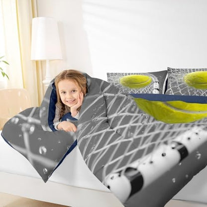 Castle Fairy Tennis Sports Bedding Set Toddler Size 3D Tennis Racket Comforter Set for Girls Boys Room Decor Fashion Sport Ball Games Down Comforter Yellow Grey Quilt Set with 1 Pillowcase