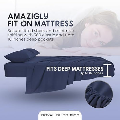 Split King Sheets Set with 2 Twin XL Fitted Sheet - 5 Piece Bedding - Wrinkle Free, Fade Resistant, Double Brushed Microfiber - Deep Pockets/Easy Fit (Navy Blue)
