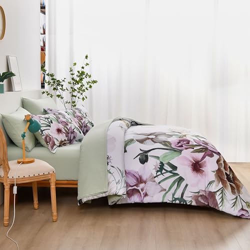 Luxudecor Floral Comforter Set Twin Size 5 Piece, Green Flower Bed in a Bag, Elegant Floral Comforter with Sheet Set, Soft Microfiber Bedding Set for All Season (Green, 68"x86")