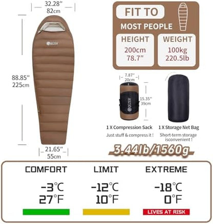 0 Degree Down Sleeping Bag for Adults,Cold Weather Backpacking
