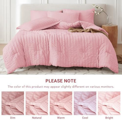 MUXHOMO 7 Pieces Oversized Queen Comforter Set, Seersucker Bed in a Bag Oversized Queen Size, All Season Luxury Bedding Set with Comforter, Flat Sheet, Fitted Sheet, Pillowcases & Shams, Pink