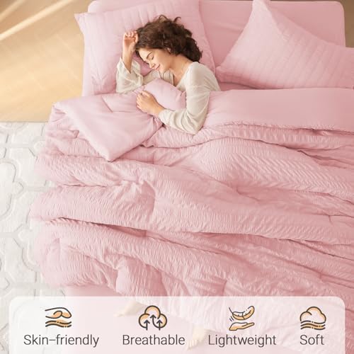 MUXHOMO 7 Pieces Oversized King Comforter Set, Seersucker Bed in a Bag Oversized King Size, All Season Luxury Bedding Set with Comforter, Flat Sheet, Fitted Sheet, Pillowcases & Shams, Pink