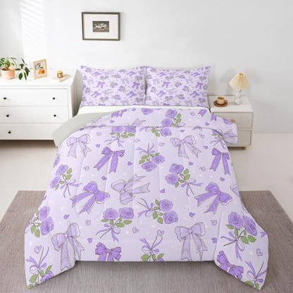 Castle Fairy Purple Bowknot Kids Comforter Set,Romantic Rose Bedding Set All Season,Boys Girls Teens Bedroom Decor,Retro Farmhouse Purple Floral Comforter Toddler Size,1 Pillowcase