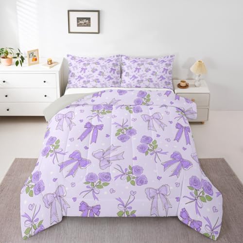 Castle Fairy Purple Bowknot Comforter Set Twin Size,Romantic Rose Breathable Bedding Set,Kids Adults Room Decor,Retro Farmhouse Purple Floral Microfiber Duvet Insert,1 Pillowcase