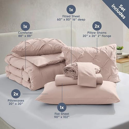 Nestl 9 Piece Queen Comforter Set – Blush Pink Pinch Pleated Bed in a Bag – Complete Queen Size Bedding Set with Sheets, Set of 2 Cooling Pillows, Pillowcases and Shams