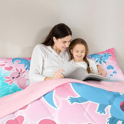 Castle Fairy Cute Axolotls Bedding Set Full Size Watercolor Pink Sea Blue Comforter Set 3pcs Kids Girls Boys Teens Room Decor Ocean Style Fish Quilt Set Kawaii Romantic Duvet Insert,2 Pillowcases