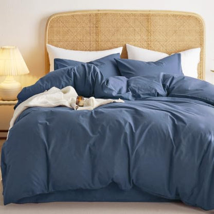 Wake In Cloud - Cotton Duvet Cover Set, 100% Washed Cotton, Linen Like Textured, Breathable Durable Comfy Farmhouse Neutral Bedding Set, 3 Pieces, Dark Blue, Full Size