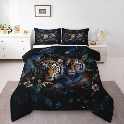 Couple Tiger Kids Comforter Set Full Size,Floral Palm Leaf Tropical Plant Botanical Bedding Set,Girls Boys Room Decor,Wild Animal Tiger Fur Quilt Comforter,Brown Rustic Duvet Insert,2 Pillowcases