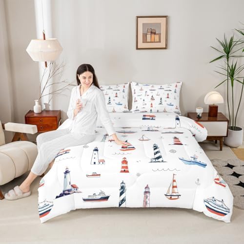 Lighthouse Comforter Set Queen Size,Nautical Anchor and Boat Rudder Quilted Duvet Kids Boys Undersea Adventure Bedding Set 3pcs for Teens Men Room Decor Modern White Duvet Insert,2 Pillowcases