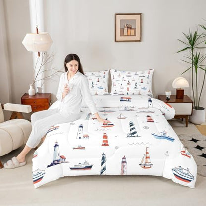 Lighthouse Comforter Set Queen Size,Nautical Anchor and Boat Rudder Quilted Duvet Kids Boys Undersea Adventure Bedding Set 3pcs for Teens Men Room Decor Modern White Duvet Insert,2 Pillowcases