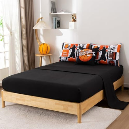Aimuan Sports Geometric Grid Black Patchwork Basketball Printed for Boys Full 6Pcs Bed in A Bag Comforter Bedding Set (Orange, Full 6Pcs)