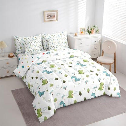 Feelyou Cute Dinosaur 7 Piece Bedding Set Cartoon Dino Comforter Set with Sheets for Kids Boys Girls Animal Theme Bed in a Bag White Blue Green Bed Set Soft Lightweight