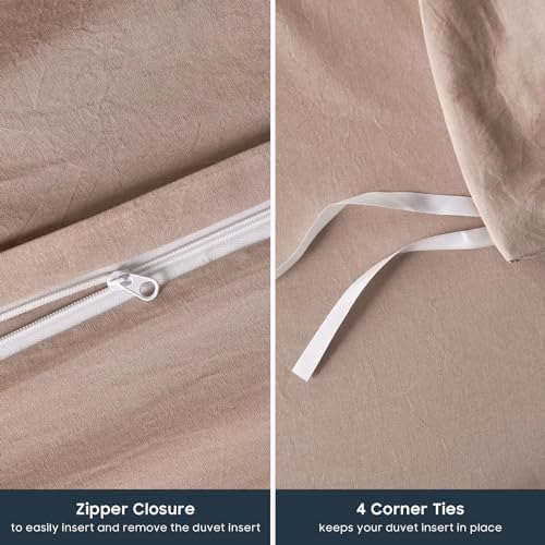 Wake In Cloud - Cotton Duvet Cover Set, 100% Washed Cotton, Linen Like Textured, Breathable Durable Comfy Farmhouse Neutral Bedding Set, 3 Pieces, Dusty Pink, King Size