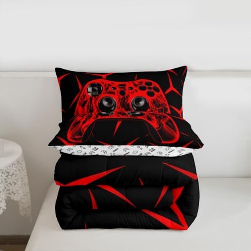 Feelyou Gamer Bedding Set Gamepad Comforter Set for Kids Boys Girls Teens Room Decor Gaming Gifts Comforter King Size Game Controller Red Duvet Set 3Pcs