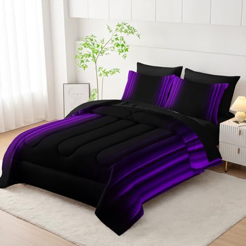 Nttopship Purple and Black Bedding Set Twin Size Abstract Ombre Comforter Set Bedding Set 7 Piece in A Bag,Dark Quilt Set Mordern Art Decor All Seasons with Pillowcases,Flat, Fitted Sheet
