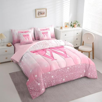 Feelyou Boys Girls Pink Bowknot Comforter Set with Sheets King Size, Personalized Initial W 7 Pieces Bedding Set Princess Glitter Bed in A Bag Kids Bow Monogrammed Teens Bed Set Bedroom Decor 7Pcs
